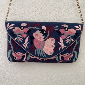 NWOT Navy Blue Embroidered Envelope Bag Clutch with Crossbody Strap